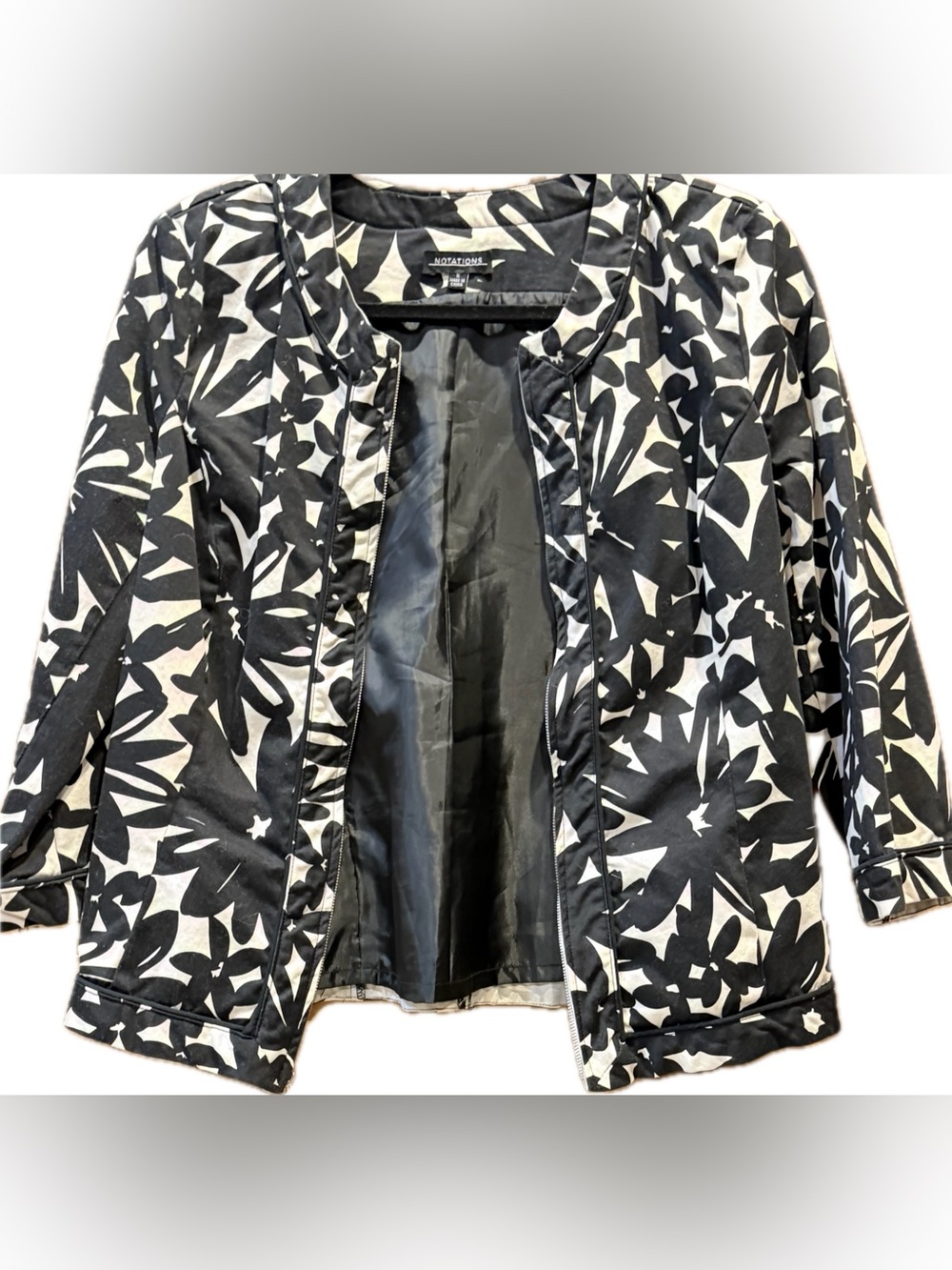 Notations Black White Floral Zip Front Jacket Blazer Career Office Women’s M